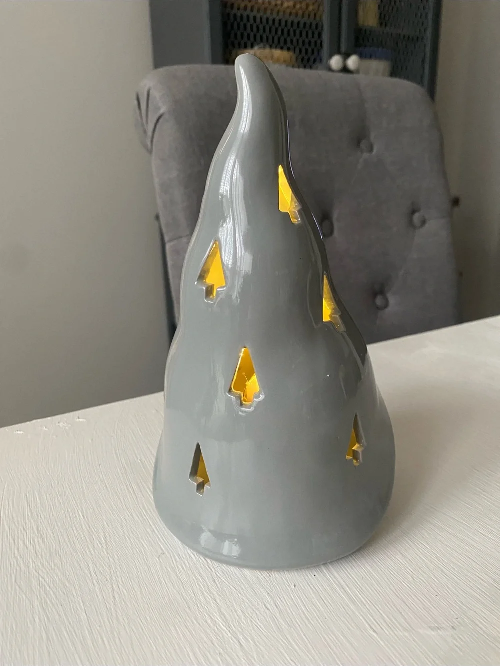 Ceramic Gnome Figurine Lantern - Gray Hat, Sand Beard - Christmas Light